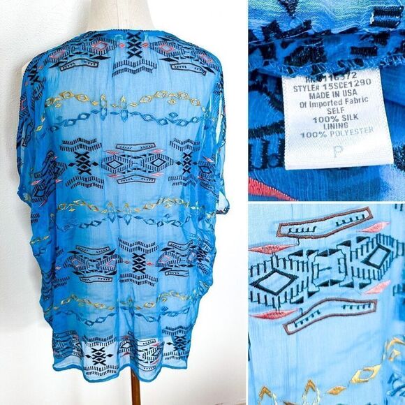 Southwestern Sheer Silk embroidered blouse OS - Picture 2 of 4